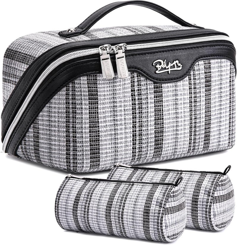 BOYATU Travel Makeup Bag for Women: Large Capacity Open Flat Make up Bag Set of 3 - Vegan Leather Cosmetic Bag with Compartments - Waterproof Toiletry Bag with Handle & Divider(I-2-Black) - Image 1